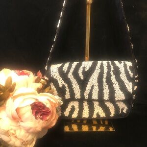 NWT Black and White Beaded Zebra-Print Shoulder Bag